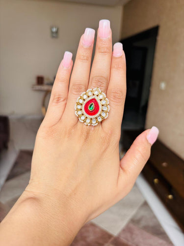 Kundan Pearl Red Ring